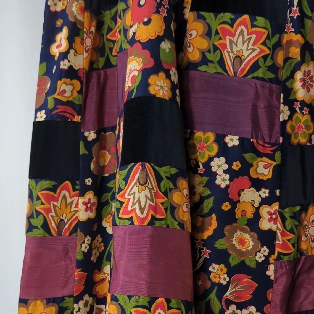 Vintage 70s‎ Velvet Patchwork Wrap Maxi Skirt Bohemian Hippie Florals Festival